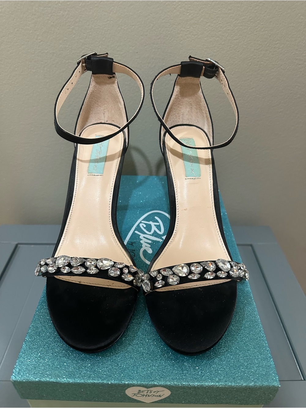 Betsey Johnson Black Crystal Ankle-Strap Heels